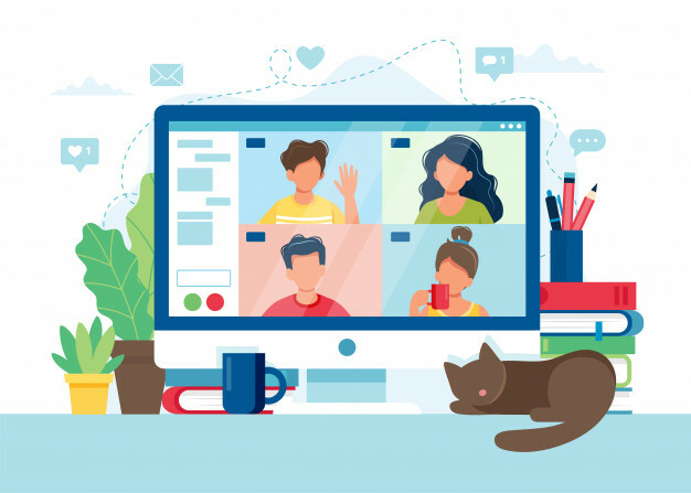 Computer with group people doing video conference online meeting via group call 113065 554